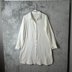EILEEN FISHER Dress Organic Cotton Crinkle Gauze Tunic Shirt Off White Medium